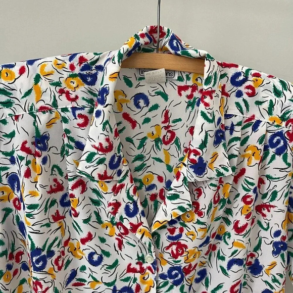 Vintage: Petite Impressions 90s Colorful White Floral Button Up - Size 4 - Picture 2 of 16